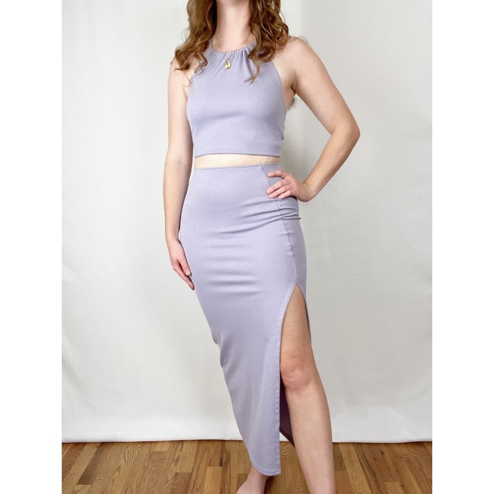 Vintage Matching Set High Rise Slit Midi Maxi Skirt Crop Top Formal Prom Dance - Picture 1 of 6